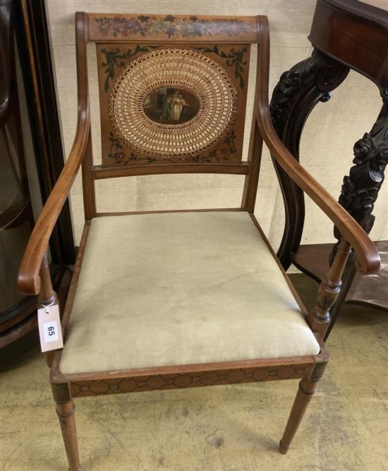 An Edwardian Sheraton revival painted satinwood elbow chair, width 56cm